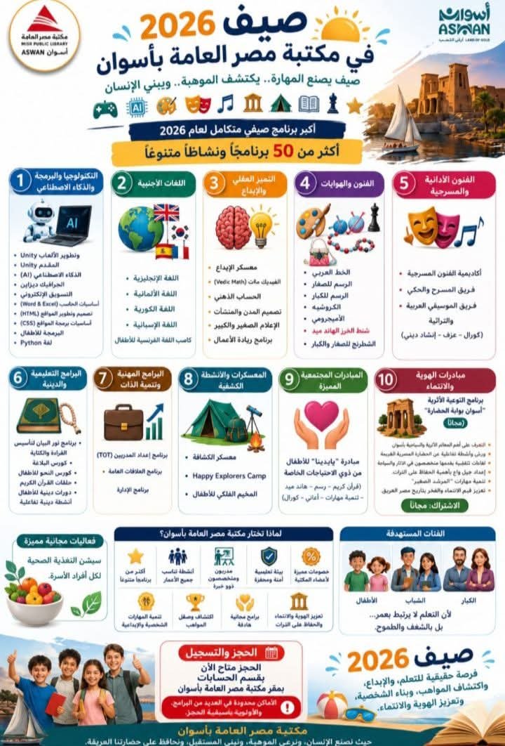 مكتبة مصر العامة بأسوان  تطلق أكبر برنامج صيفي